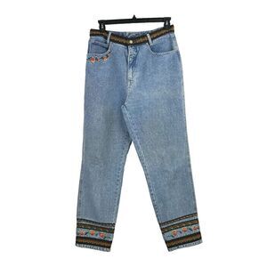 Vintage Bill Blass Jeans Womens 32 Blue Denim Embroidered Floral Tapered Leg 90s